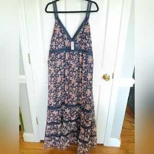 Express Lace Pieced Tiered Maxi Dress Navy Floral Boho Cottagecore Party Sexy